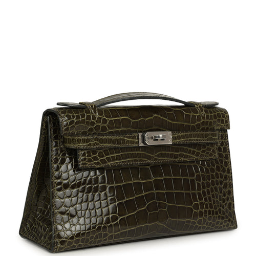 Pre-owned Hermes Kelly Pochette Vert Olive Shiny Alligator Palladium Hardware