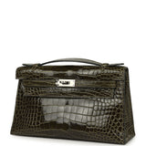 Pre-owned Hermes Kelly Pochette Vert Olive Shiny Alligator Palladium Hardware - Thumbnail View 5