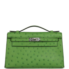 Hermes Kelly Pochette Vert Yucca Ostrich Palladium Hardware