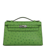 Hermes Kelly Pochette Vert Yucca Ostrich Palladium Hardware - Thumbnail View 1