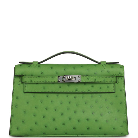 Hermes Kelly Pochette Vert Yucca Ostrich Palladium Hardware