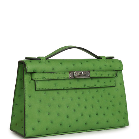 Hermes Kelly Pochette Vert Yucca Ostrich Palladium Hardware