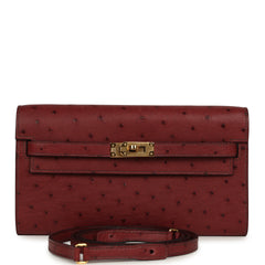 Pre-owned Hermes Kelly Wallet To Go Rouge H Ostrich Gold Hardware