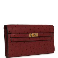 Pre-owned Hermes Kelly Wallet To Go Rouge H Ostrich Gold Hardware