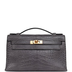 Pre-owned Hermes Kelly Pochette Gris Paris Matte Alligator Gold Hardware