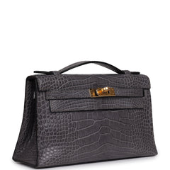 Pre-owned Hermes Kelly Pochette Gris Paris Matte Alligator Gold Hardware