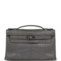 Pre-owned Hermes Kelly Pochette Gris Paris Matte Alligator Palladium Hardware
