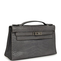 Pre-owned Hermes Kelly Pochette Gris Paris Matte Alligator Palladium Hardware