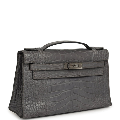 Pre-owned Hermes Kelly Pochette Gris Paris Matte Alligator Palladium Hardware