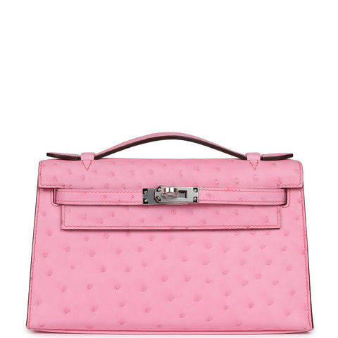 Hermes Kelly Pochette Bubblegum Ostrich Boreal Palladium Hardware
