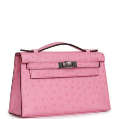 Hermes Kelly Pochette Bubblegum Ostrich Boreal Palladium Hardware