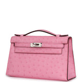 Hermes Kelly Pochette Bubblegum Ostrich Boreal Palladium Hardware - Thumbnail View 5