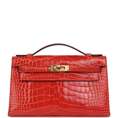 Pre-owned Hermes Kelly Pochette Rouge De Coeur Shiny Alligator Gold Hardware