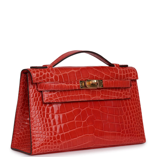 Pre-owned Hermes Kelly Pochette Rouge De Coeur Shiny Alligator Gold Hardware