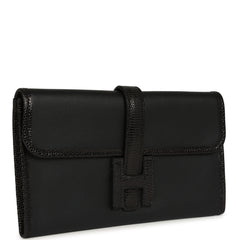 Pre-owned Hermes Jige Duo Clutch Touch Black Swift, Varanus Niloticus Lizard Touch Palladium Hardware