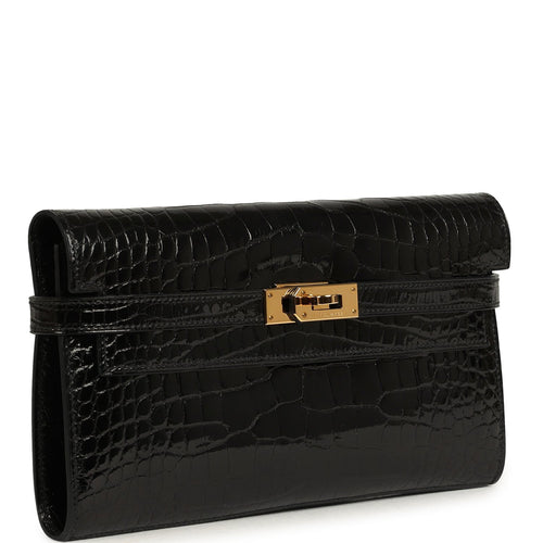 Pre-owned Hermes Kelly Long Wallet Black Shiny Alligator Gold Hardware