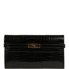 Pre-owned Hermes Kelly Long Wallet Black Shiny Alligator Gold Hardware
