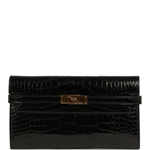 Pre-owned Hermes Kelly Long Wallet Black Shiny Alligator Gold Hardware