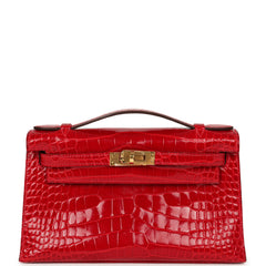 Pre-owned Hermes Kelly Pochette Braise Shiny Alligator Gold Hardware