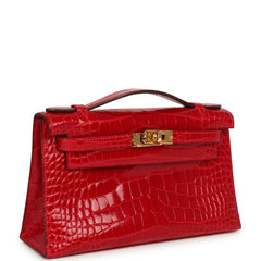 Pre-owned Hermes Kelly Pochette Braise Shiny Alligator Gold Hardware