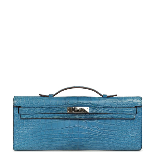 Pre-owned Hermes Kelly Cut Bleu Mykonos Matte Alligator Palladium Hardware