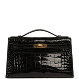 Hermes Special Order (HSS) Kelly Pochette Black Verso Shiny Alligator Gold Hardware - Thumbnail View 1