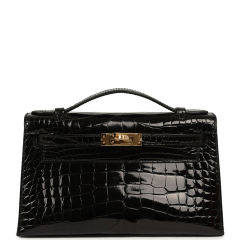 Hermes Special Order (HSS) Kelly Pochette Black Verso Shiny Alligator Gold Hardware