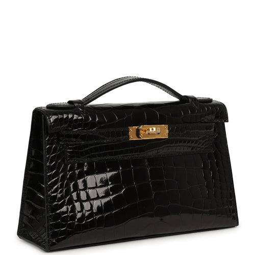 Hermes Special Order (HSS) Kelly Pochette Black Verso Shiny Alligator Gold Hardware