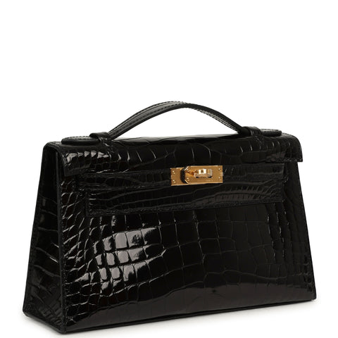 Hermes Special Order (HSS) Kelly Pochette Black Verso Shiny Alligator Gold Hardware