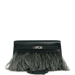 Hermes Kelly Elan Foile Vert Cypress Chevre Chamkila and Ostrich Feathers Palladium Hardware