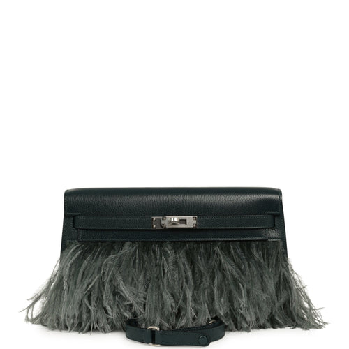 Hermes Kelly Elan Foile Vert Cypress Chevre Chamkila and Ostrich Feathers Palladium Hardware