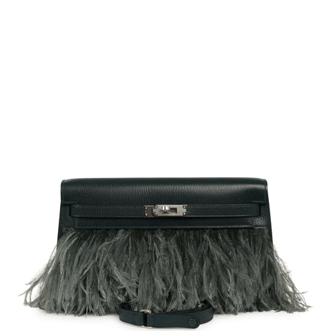 Hermes Kelly Elan Foile Vert Cypress Chevre Chamkila and Ostrich Feathers Palladium Hardware