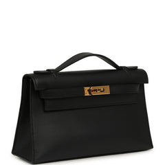 Pre-owned Hermes Kelly Pochette Black Swift Rose Gold Hardware