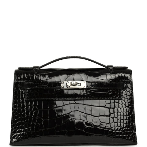 Hermes Special Order (HSS) Kelly Pochette Black Verso Shiny Alligator Palladium Hardware