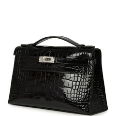 Hermes Special Order (HSS) Kelly Pochette Black Verso Shiny Alligator Palladium Hardware