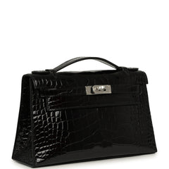 Hermes Special Order (HSS) Kelly Pochette Black Verso Shiny Alligator Palladium Hardware
