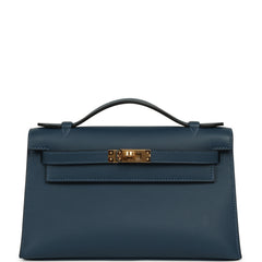 Hermes Kelly Pochette Bleu de Prusse Swift Gold Hardware