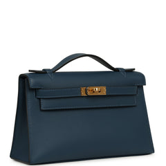Hermes Kelly Pochette Bleu de Prusse Swift Gold Hardware
