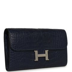 Pre-owned Hermes Constance Wallet To Go Bleu Indigo Matte Alligator Palladium Hardware