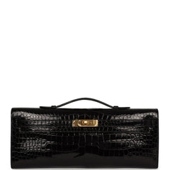 Hermes Kelly Cut Black Shiny Porosus Crocodile Gold Hardware