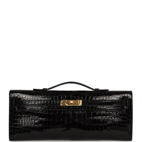 Hermes Kelly Cut Black Shiny Porosus Crocodile Gold Hardware