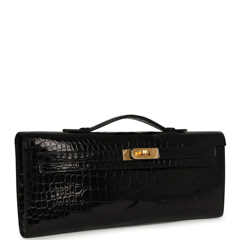 Hermes Kelly Cut Black Shiny Porosus Crocodile Gold Hardware