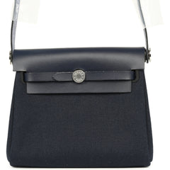 Hermes Herbag Zip 20 Mini Bleu Indigo Toile Militaire Canvas, Vache Hunter Palladium Hardware