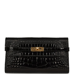 Pre-owned Hermes Ghillies Kelly Long Wallet Black Verso Shiny, Matte Alligator Gold Hardware