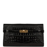 Pre-owned Hermes Ghillies Kelly Long Wallet Black Verso Shiny, Matte Alligator Gold Hardware - Thumbnail View 1