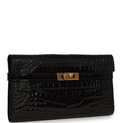 Pre-owned Hermes Ghillies Kelly Long Wallet Black Verso Shiny, Matte Alligator Gold Hardware