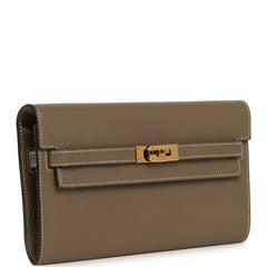Pre-owned Hermes Kelly Wallet To Go Etoupe Chevre Mysore Gold Hardware
