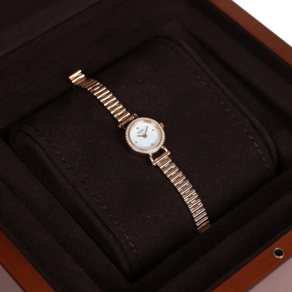 Hermes Faubourg Watch GM 18K Rose Gold White Diamonds Rose Gold Hardware