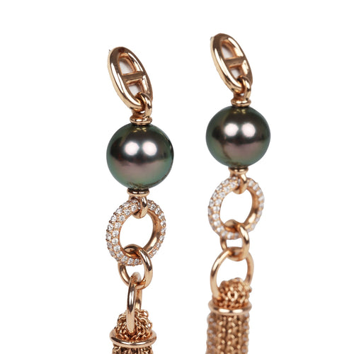 Hermes Tassel Earrings Chaine d'Ancre Black Pearl and Diamond Gold Hardware