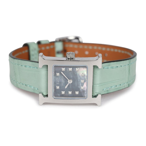 Hermes Heure H Watch XS Vert D’Eau Matte Alligator Mother of Pearl & Diamonds Palladium Hardware